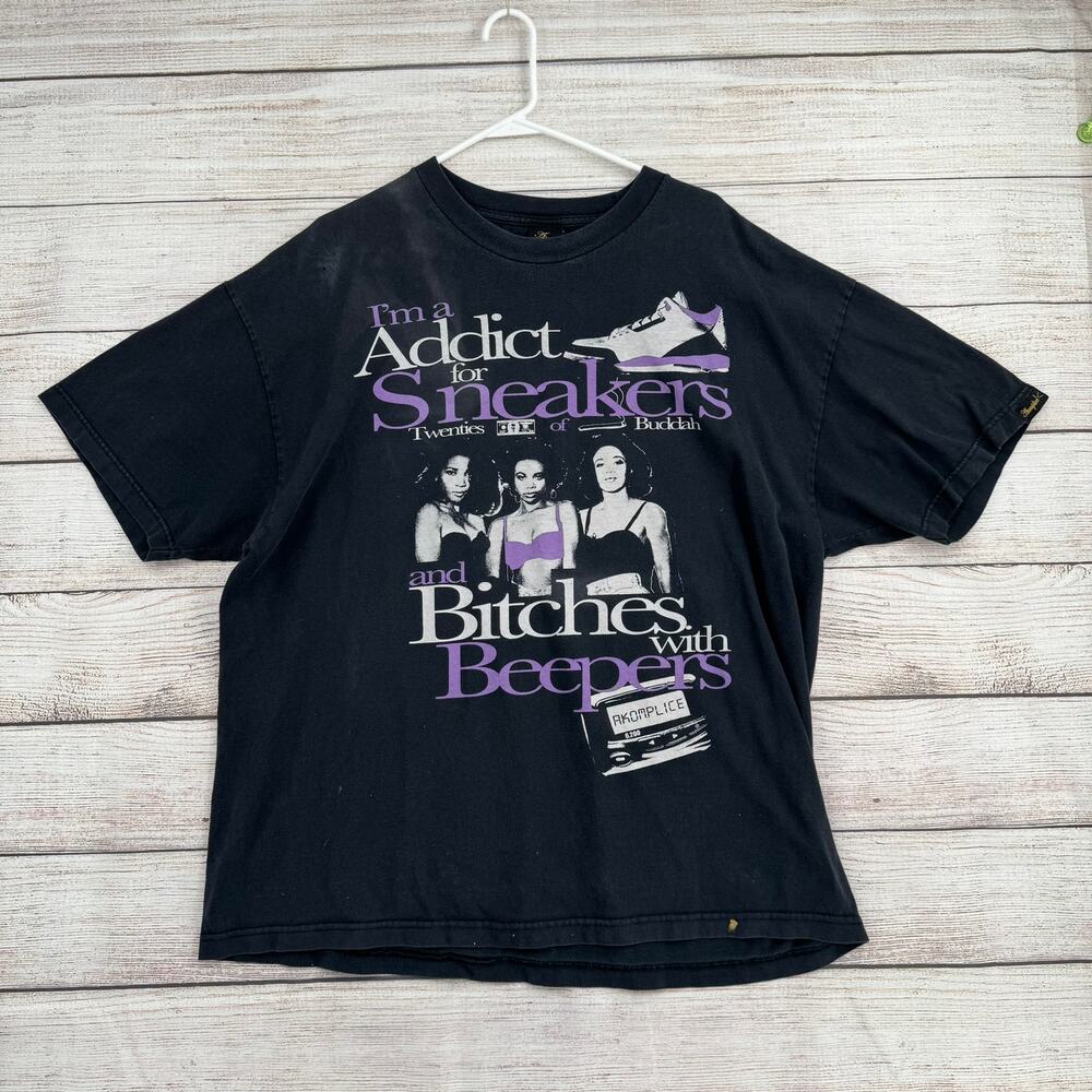 Vintage Y2K Akomplice‎ Addicted Distressed T-Shirt Adult XXL Black Purple